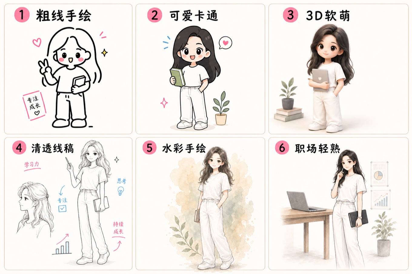 六种画风：粗线手绘、可爱卡通、3D 软萌、清透线稿、水彩手绘、职场轻熟